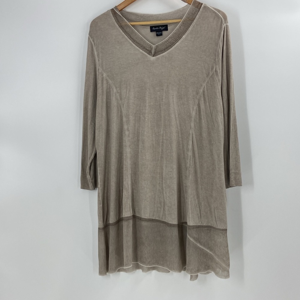 Charlie Paige taupe relaxed fit tunic sheer hem flowing boho neutral basic